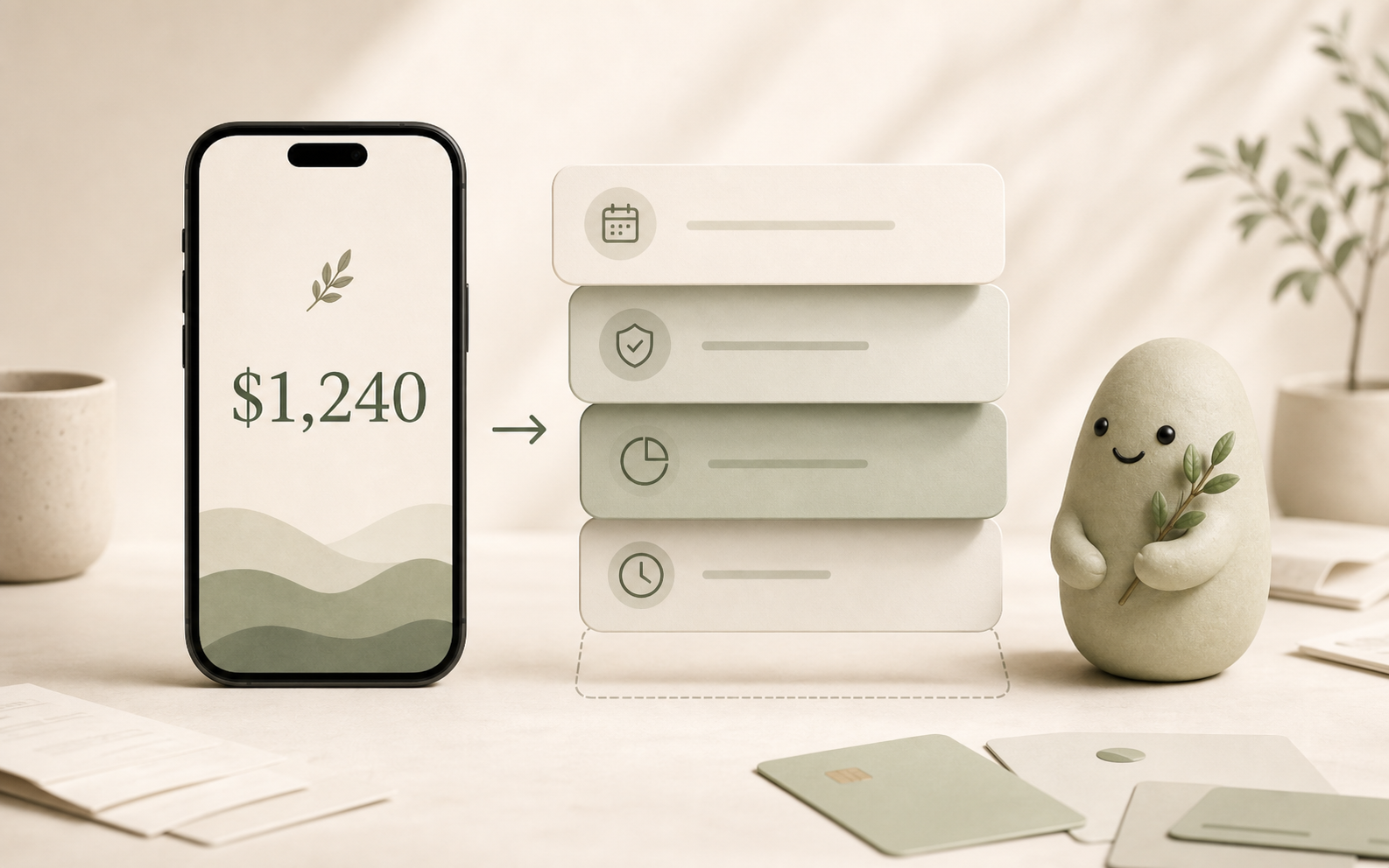 A bank balance screen beside layered commitments and Pip.