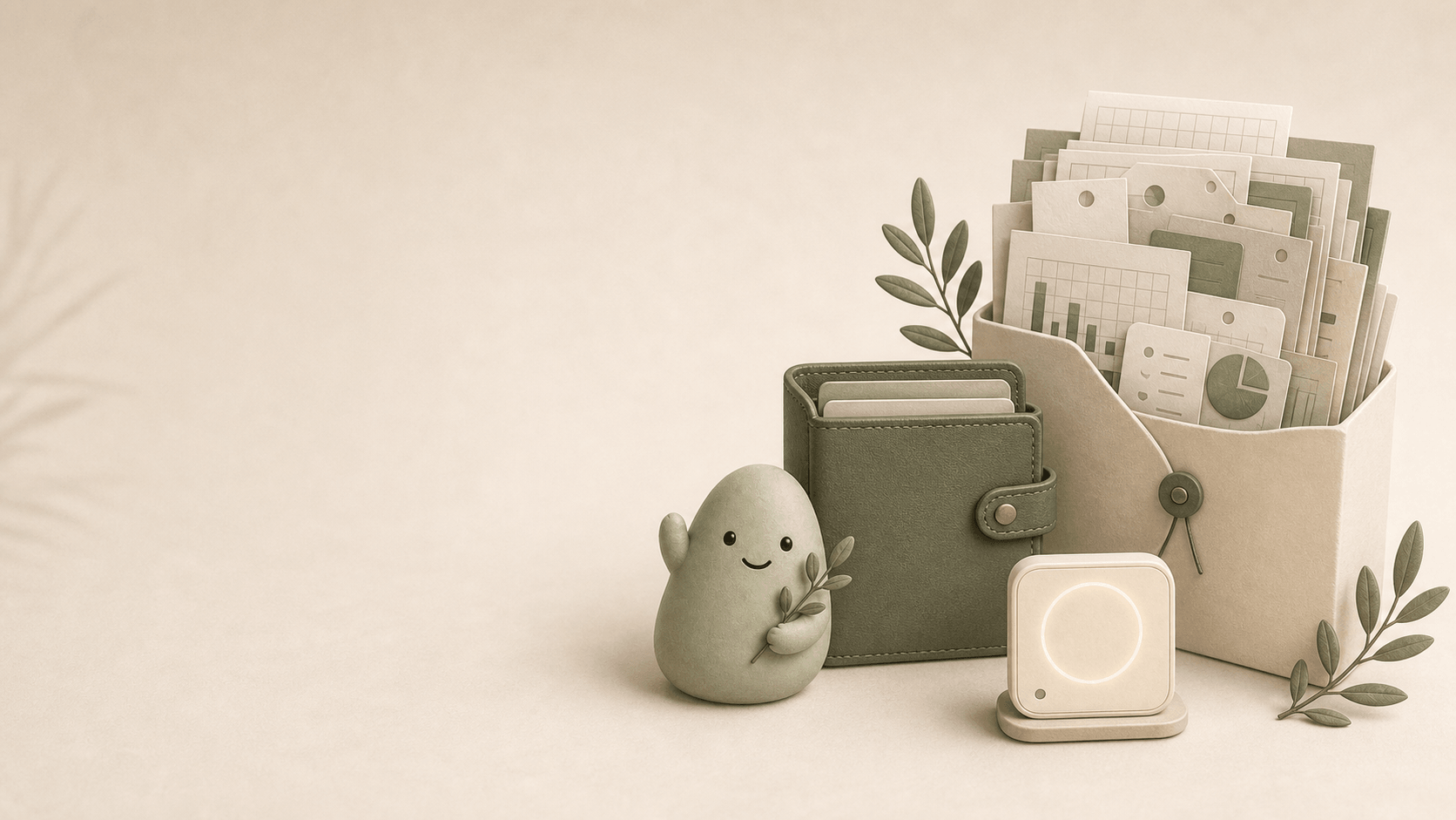 Pip in a calm product scene beside softened budgeting clutter.