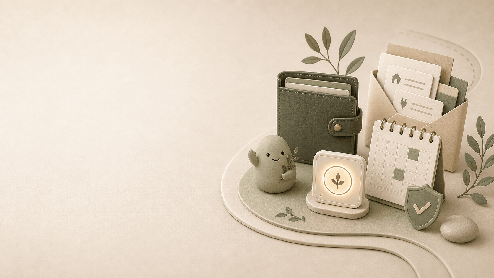Pip and a phone on a warm product stage with space for a call to action.