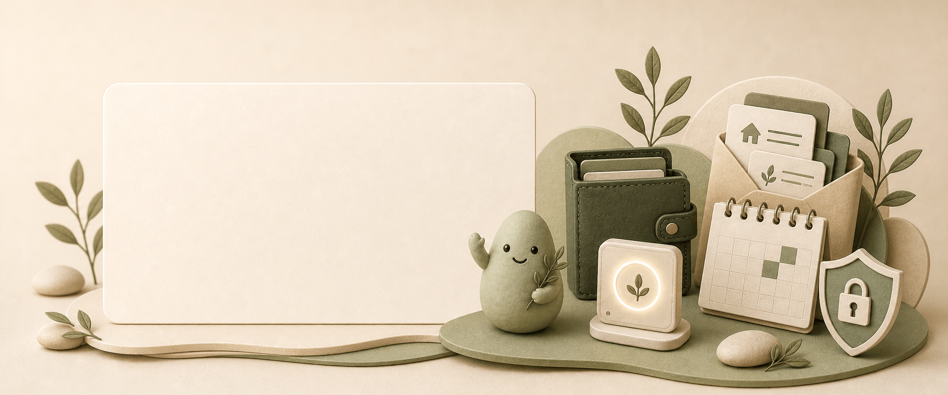 Pip beside a wallet, calendar, signal tile, and security shield on a wide warm product stage.