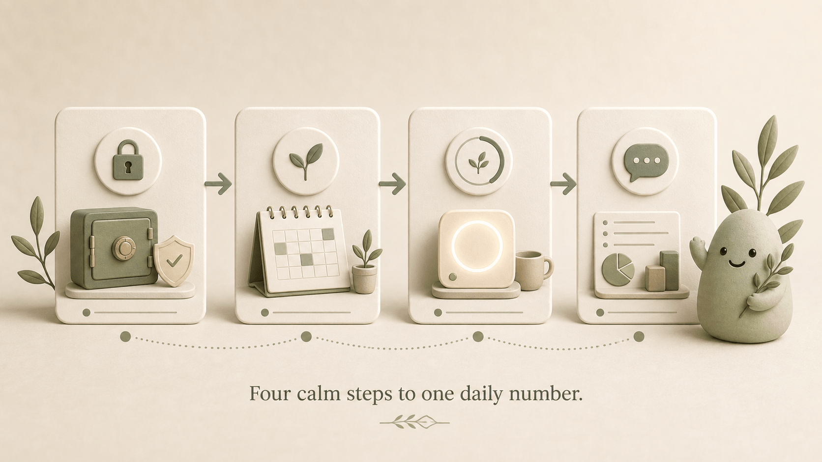 Four calm illustrated steps leading from read-only connection to Pip's daily spending signal.
